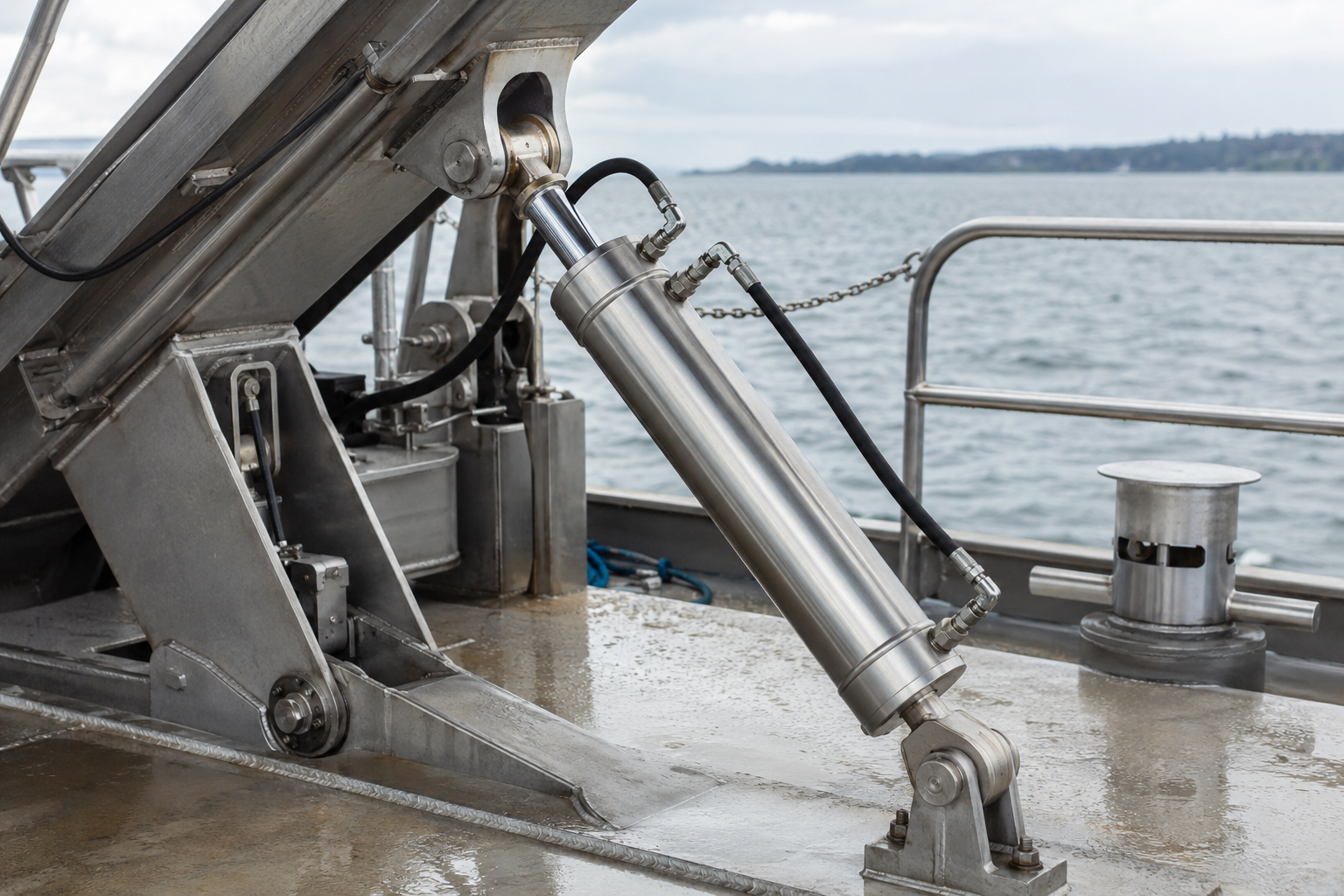 304 vs 316 Stainless Steel Hydraulic Cylinders: Which Should You Choose? 1 316 stainless steel hydraulic cylinder installed on marine deck equipment