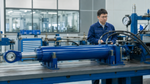 Hydraulic cylinder pressure testing before shipment at ZHY factory