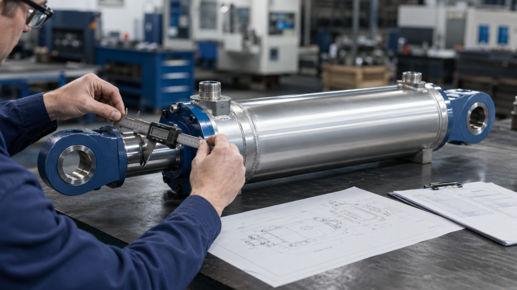 10 Hydraulic Cylinder Buying Mistakes That Cost OEM Buyers Time and Money 2 Engineer checking hydraulic cylinder dimensions before purchasing approval