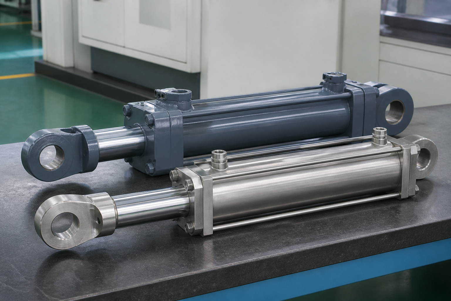 Stainless Steel vs Carbon Steel Hydraulic Cylinders: Which One Should You Choose? 1 Stainless steel and carbon steel hydraulic cylinders compared on a factory inspection bench
