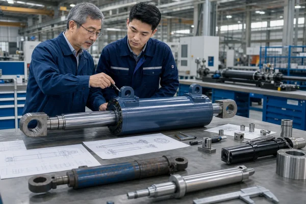 Experienced hydraulic cylinder engineers inspecting cylinder assembly and technical details