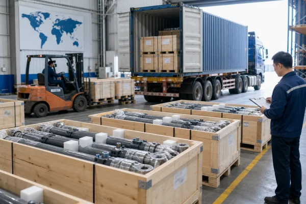 Hydraulic cylinders packed in wooden crates for export shipment and global delivery